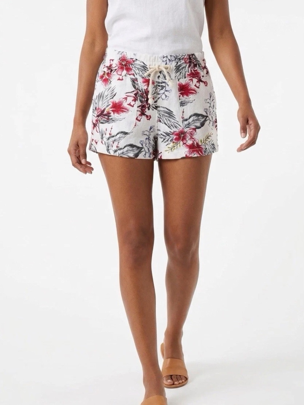 Cali 1850 Juniors Sz XS Linen Blend Floral Paper-bag Shorts Tie Elastic